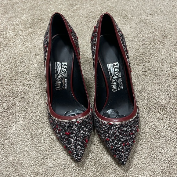 Salvatore Ferragamo insprd Tweed Pumps Burgundy - Picture 3 of 7
